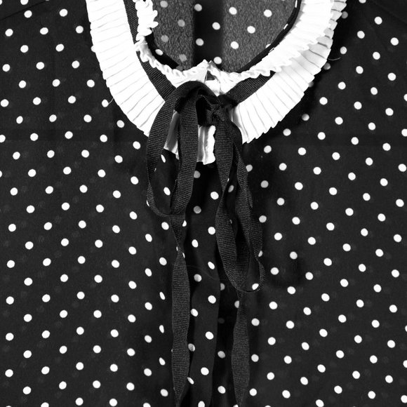 Zara Blouse Button Up Black White Polka Dot Tie Neck Pleated Coquette Top XS - Picture 4 of 9